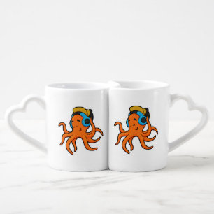 Octopus at Music with Headphone Coffee Mug Set