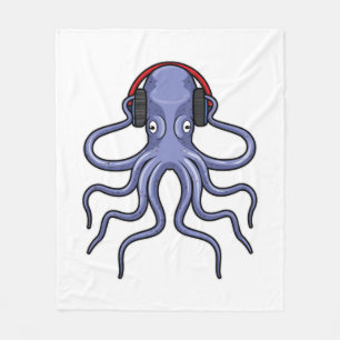 Octopus at Music with Headphone Fleece Blanket