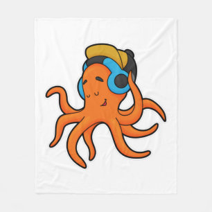 Octopus at Music with Headphone Fleece Blanket