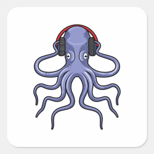 Octopus at Music with Headphone Square Sticker (Front)