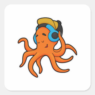 Octopus at Music with Headphone Square Sticker