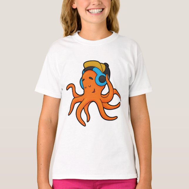 Octopus at Music with Headphone T-Shirt (Front)