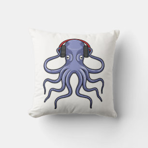 Octopus at Music with Headphone Throw Pillow