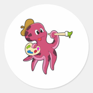 Octopus at Painting with Brush & Colour Classic Round Sticker