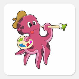 Octopus at Painting with Brush & Colour Square Sticker