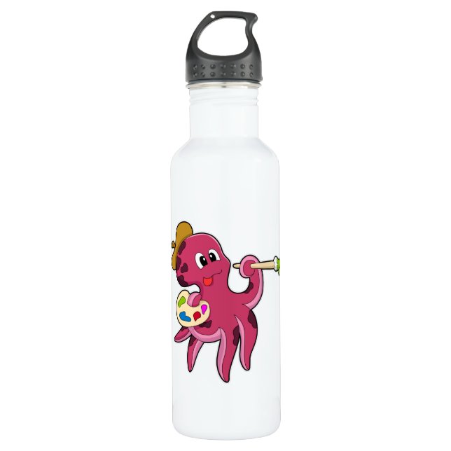 Octopus at Painting with Brush & Colour Stainless Steel Water Bottle (Front)