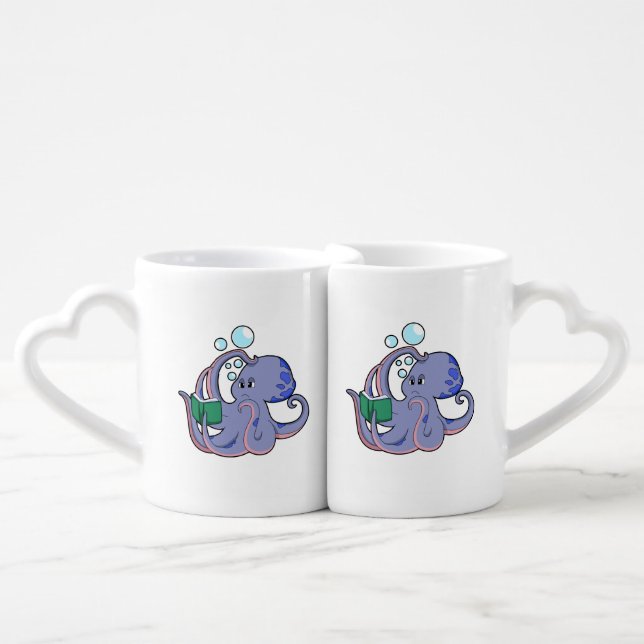 Octopus at Reading with Book Coffee Mug Set (Front Nesting)