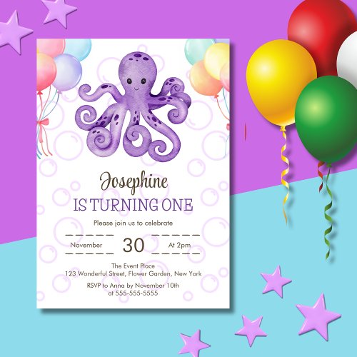 Octopus Balloon Purple Bubble Kids Birthday Invitation