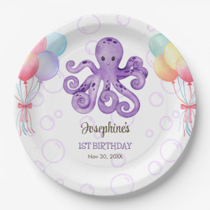 Octopus Balloon Purple Bubble Kids Birthday Paper Plates