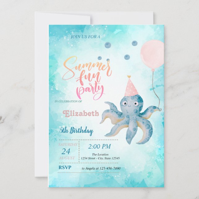 Octopus Balloon Sea Summer Birthday Party  Invitation (Front)