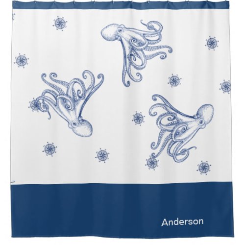 Octopus Bathroom Blue and White Shower Curtain