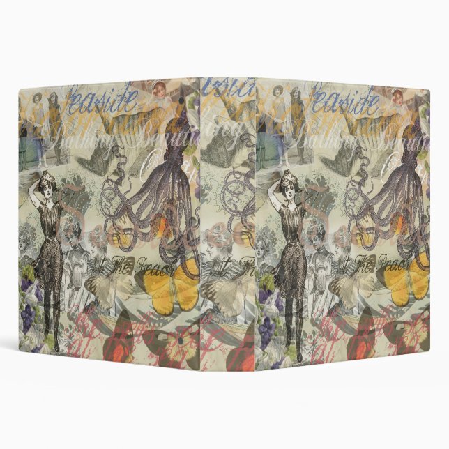 Octopus Beach Antique Coastal Steampunk 3 Ring Binder (Background)