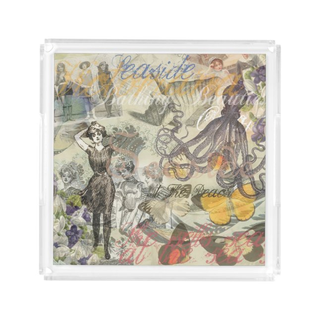 Octopus Beach Antique Coastal Steampunk Acrylic Tray (Front)