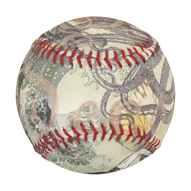 Octopus Beach Antique Coastal Steampunk Baseball (Front)