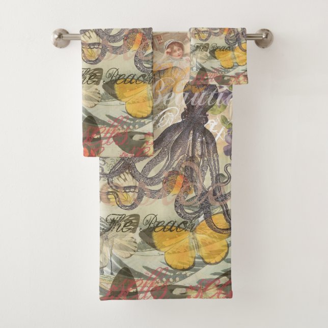 Octopus Beach Antique Coastal Steampunk Bath Towel Set (Insitu)