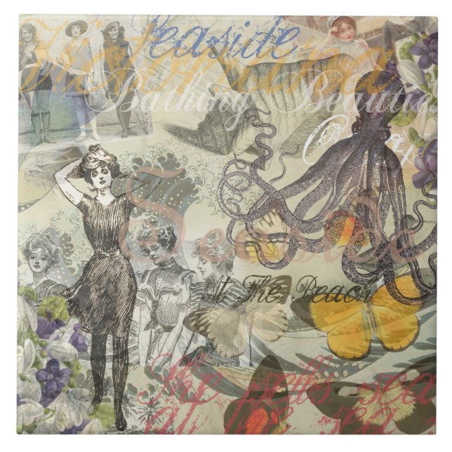 Octopus Beach Antique Coastal Steampunk Ceramic Tile (Front)