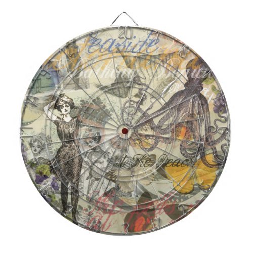 Octopus Beach Antique Coastal Steampunk Dartboard With Darts