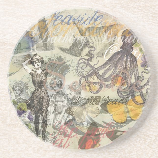 Octopus Beach Antique Coastal Steampunk Drink Coaster (Front)
