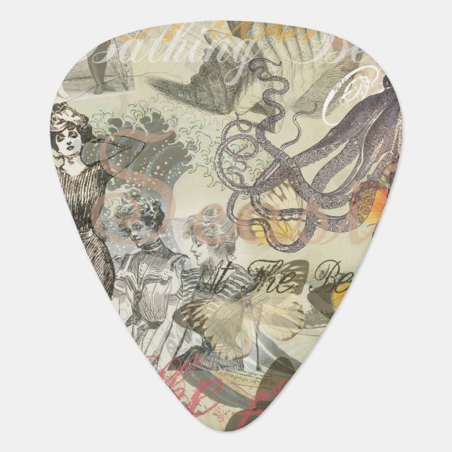 Octopus Beach Antique Coastal Steampunk Guitar Pick (Front)