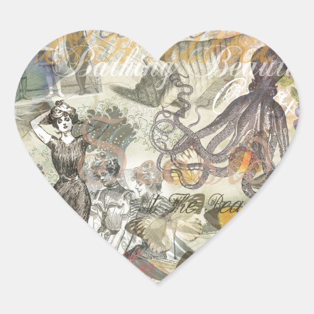 Octopus Beach Antique Coastal Steampunk Heart Sticker (Front)