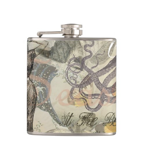 Octopus Beach Antique Coastal Steampunk Hip Flask