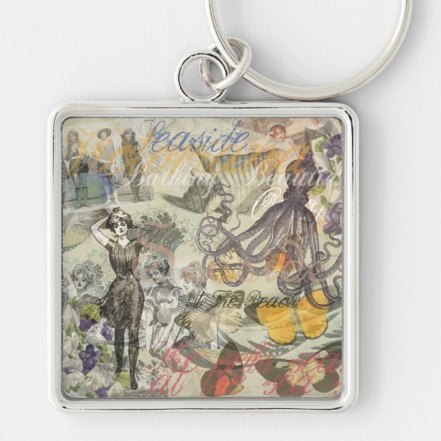 Octopus Beach Antique Coastal Steampunk Keychain (Front)