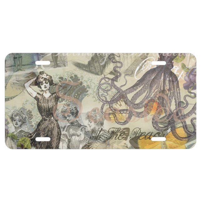 Octopus Beach Antique Coastal Steampunk License Plate (Front)