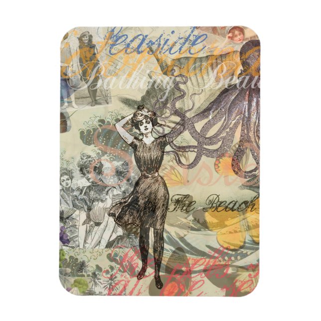 Octopus Beach Antique Coastal Steampunk Magnet (Vertical)