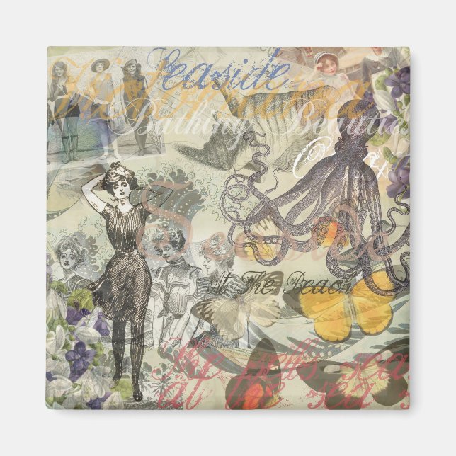 Octopus Beach Antique Coastal Steampunk Magnet (Front)