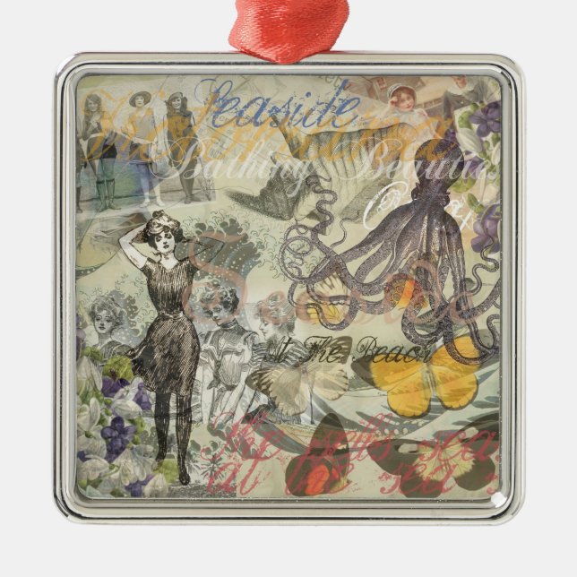 Octopus Beach Antique Coastal Steampunk Metal Ornament (Front)