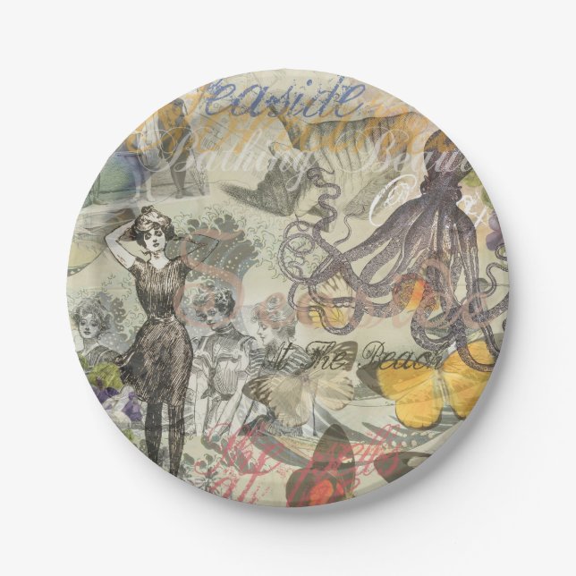 Octopus Beach Antique Coastal Steampunk Paper Plates (Front)