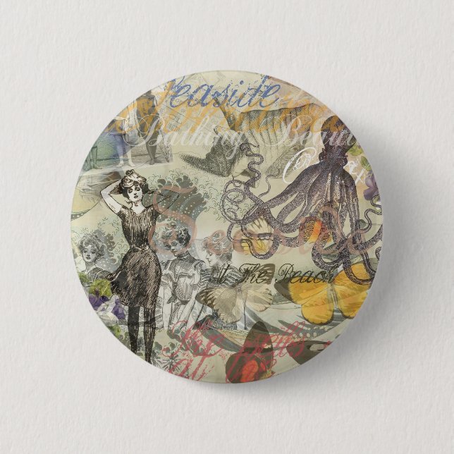Octopus Beach Antique Coastal Steampunk Pinback Button (Front)