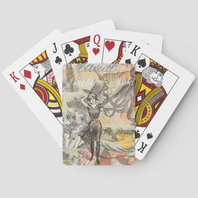 Octopus Beach Antique Coastal Steampunk Poker Cards (Back)