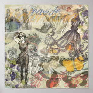 Octopus Beach Antique Coastal Steampunk Poster