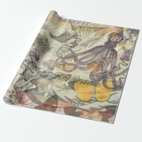 Octopus Beach Antique Coastal Steampunk Wrapping Paper