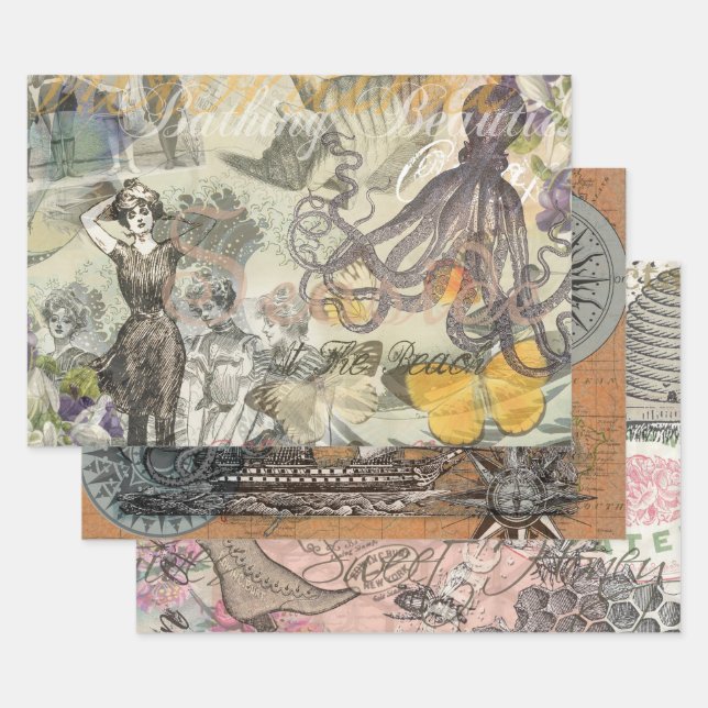 Octopus Beach Antique Coastal Steampunk Wrapping Paper Sheets (Set)
