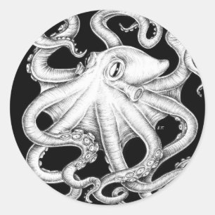 Octopus Black And White Ink Classic Round Sticker