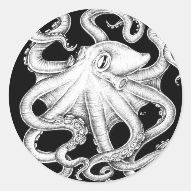 Octopus Black And White Ink Classic Round Sticker (Front)