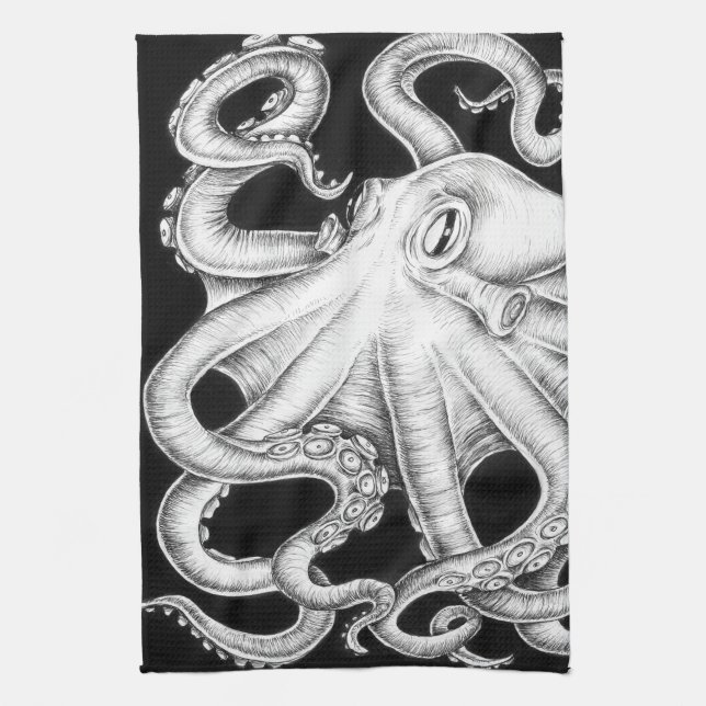 Octopus Black And White Ink Kitchen Towel (Vertical)