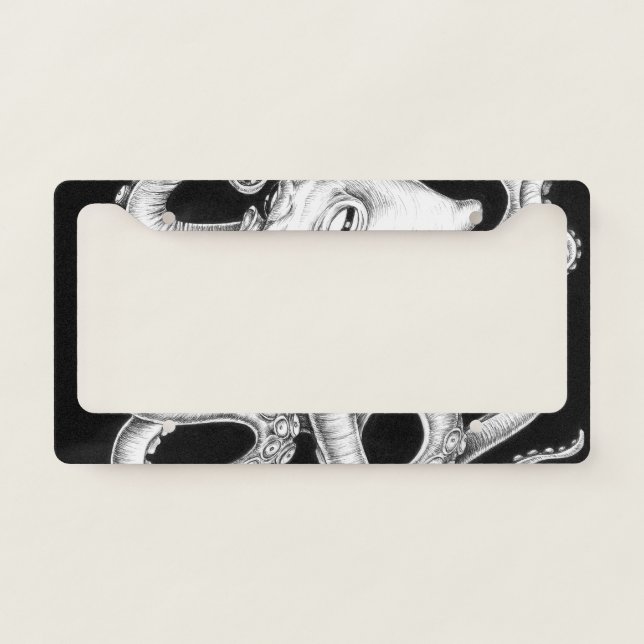 Octopus Black And White Ink License Plate Frame (Front)
