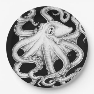 Octopus Black And White Ink Paper Plates