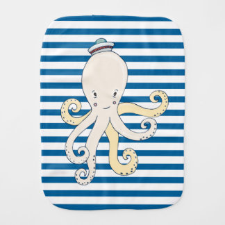 Octopus Blue and White Horizontal Stripe Baby Burp Cloth
