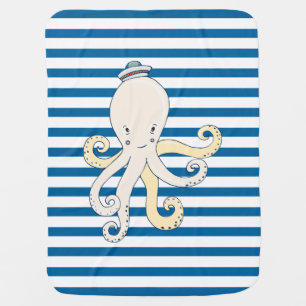 Octopus Blue and White Horizontal Stripe Receiving Blanket