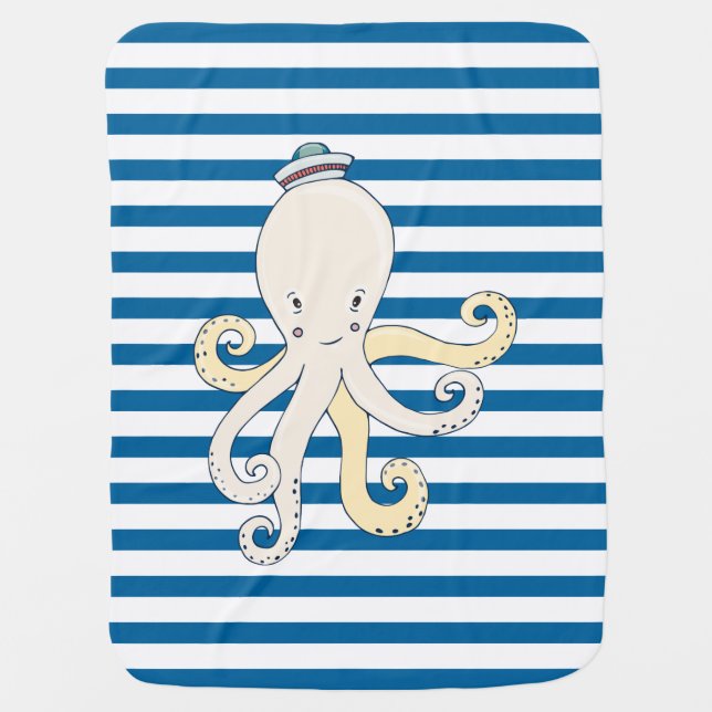 Octopus Blue and White Horizontal Stripe Receiving Blanket (Front)