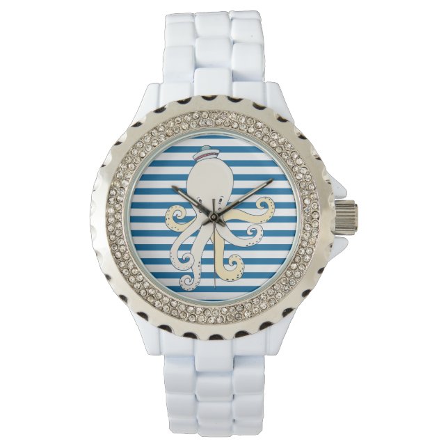 Octopus Blue and White Horizontal Stripe Watch (Front)