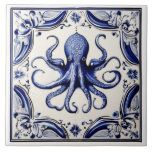 Octopus Blue and White Sea Ocean theme Beach House Ceramic Tile<br><div class="desc">coastal sicilian ceramic tile, italian hand painted pattern, mediterranean nautical portuguese octopus, blue and white marine life, summer ocean sea squid, beach house seafood portugal, authentic classic traditional painting, vintage tentacles antique coast, folk art spanish mexican talavera, monochrome monochromatic decorative animal</div>