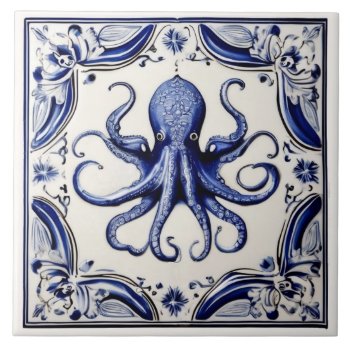 Octopus Blue And White Sea Ocean Theme Beach House Ceramic Tile by inspirationzstore at Zazzle