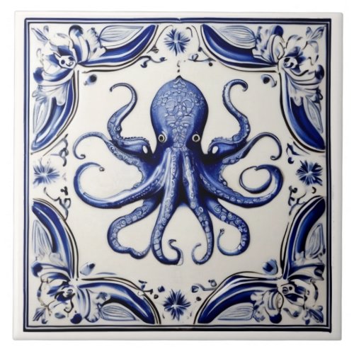 Octopus Blue and White Sea Ocean theme Beach House Ceramic Tile