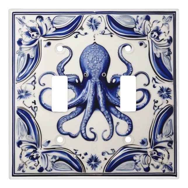 Octopus Blue and White Sea Ocean theme Beach House Light Switch Cover (Front)
