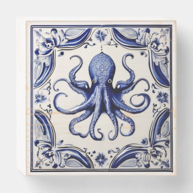 Octopus Blue and White Sea Ocean theme Beach House Wooden Box Sign (Front Horizontal)